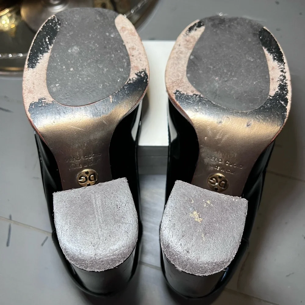 Dolce Gabbana Brown Patent Leather w‎ Gold Penny Loafer Pumps Heels Size 39 - Picture 8 of 12